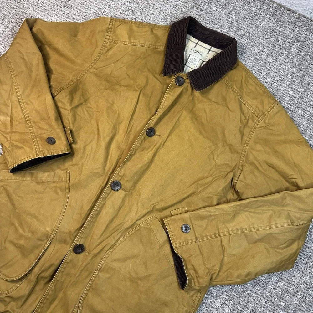 JCrew Mens Barn Jacket Mustard Tan Cotton Canvas Corduroy Collar Plaid Lined M